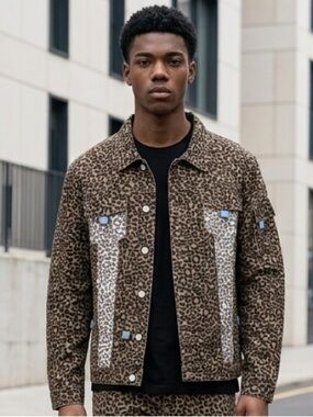 NWT The Hideout Clothing Men’s Tropics Leopard Denim Button Down Jacket - 3XL